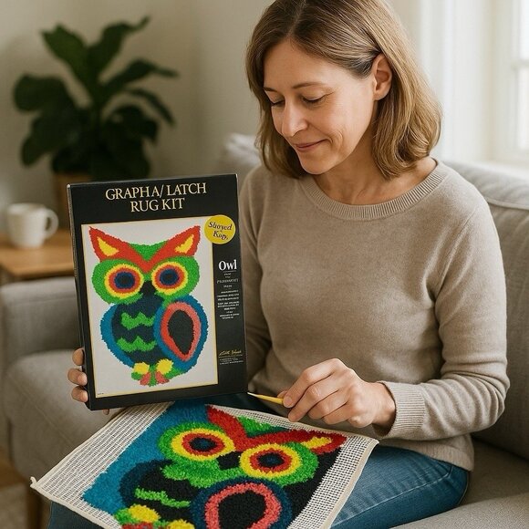 Graph N' Latch OWL Shaped Latch Hook Rug Kit  Size 18.5” X 27” Craft New Sealed - Picture 7 of 7